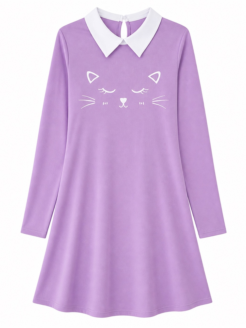 Kawaii Cat Face Peter Pan Collar Dress Purple Long Sleeve Juniors M